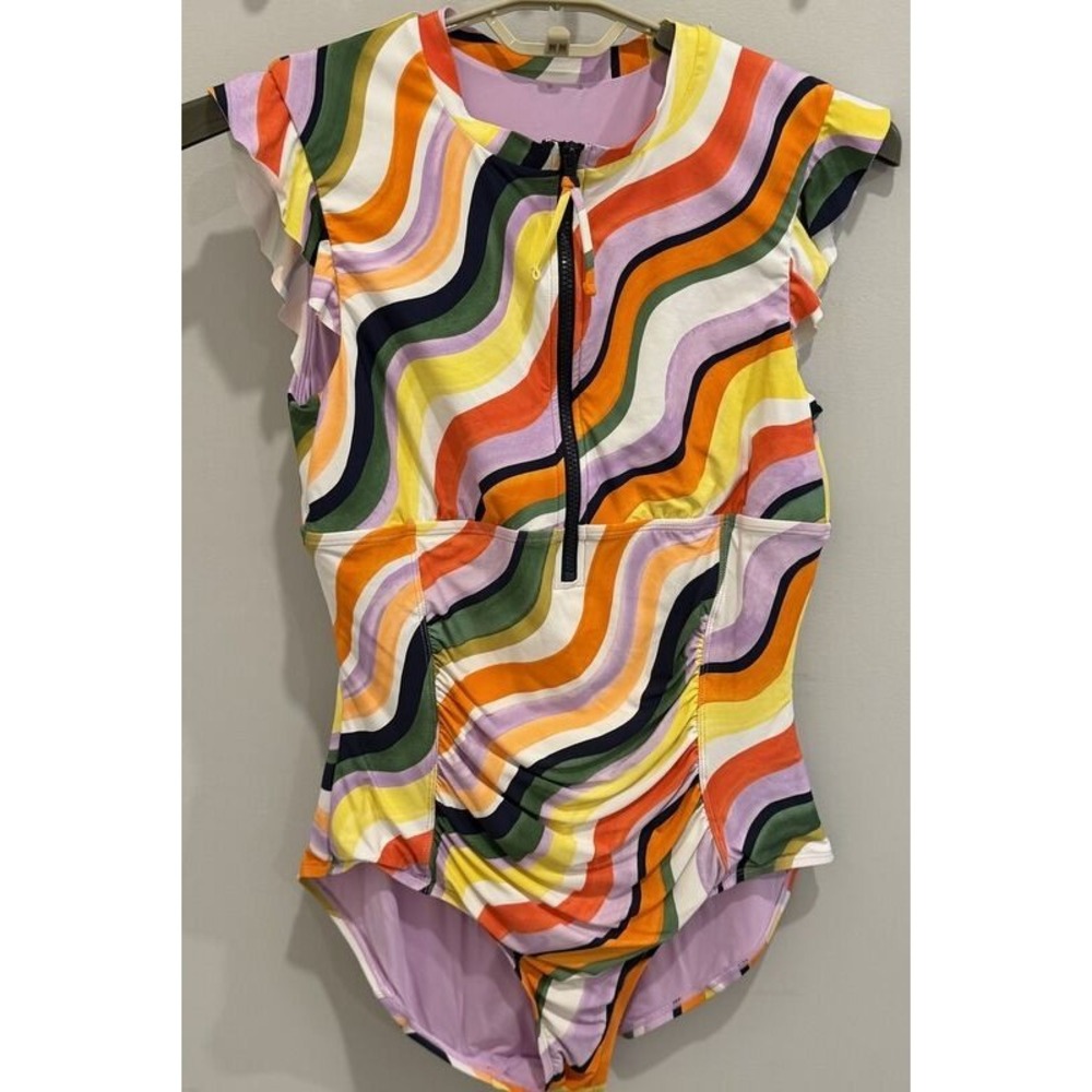 Anne Cole One Piece Zip Front Striped Ruffle Sleeve One Piece Swimsuit Size 14